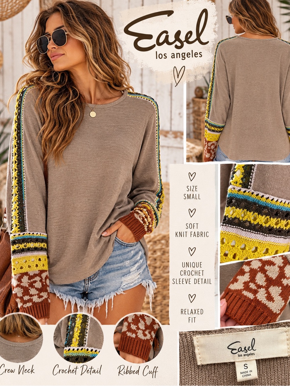 Easel Los Angeles Boho Crochet Sleeve Sweater Tan Pullover Size Small